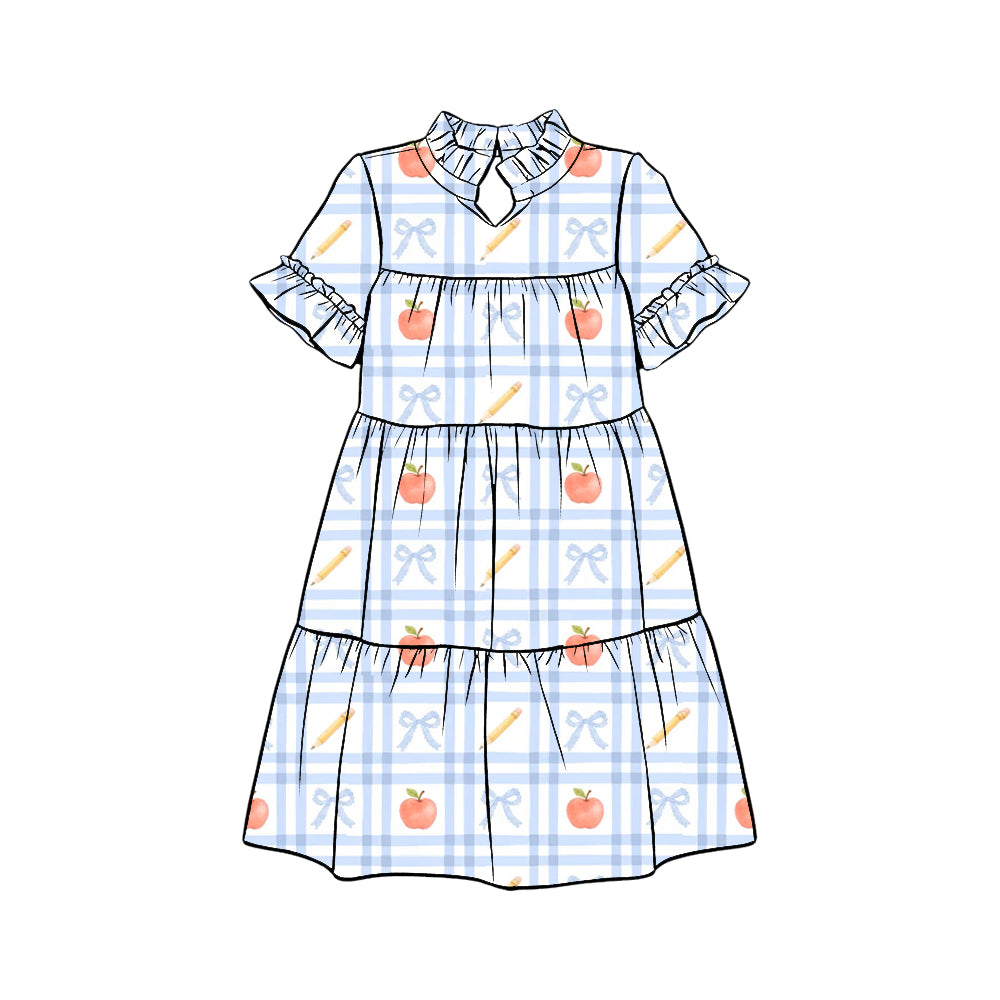 Preorder (moq 5)Baby Girls Blue Checked Apples Pencils Back to School Patchwork Knee Length Dress