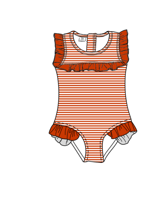 Preorder moq 5 Baby Girls Sleeveless Orange Stripe Team Swimsuits