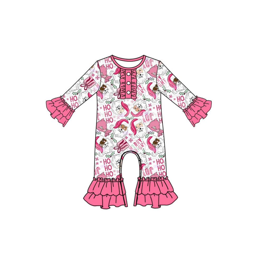 Preorder moq 5 Baby Girls Long Ruffle Sleeves Holly Santa Button Pant Rompers