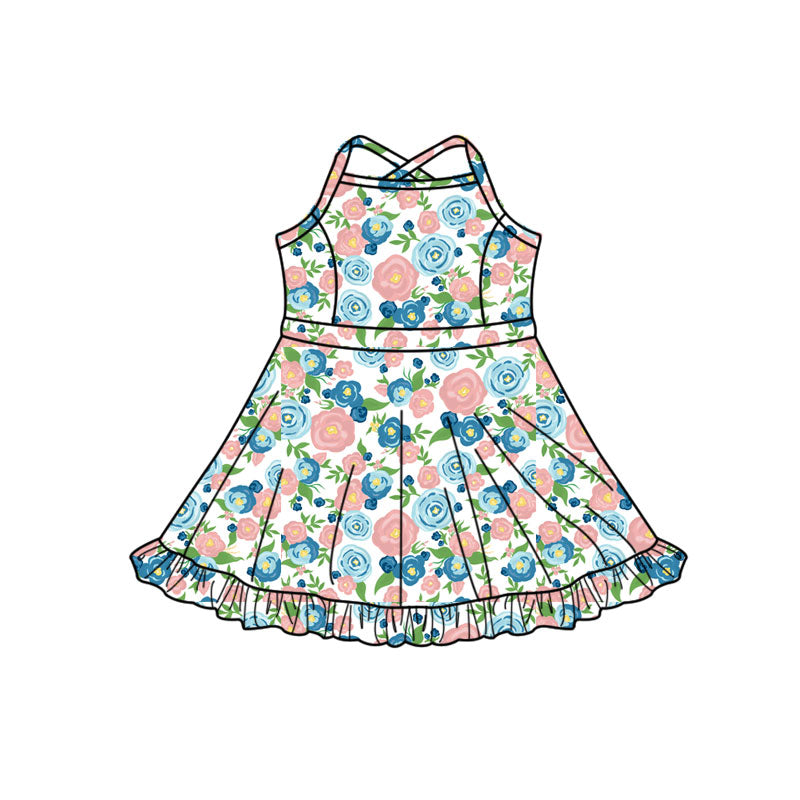 Preorder (moq 5)Baby Girls Strap Colorful Flowers Ruffle Shorts Knee Length Dresses