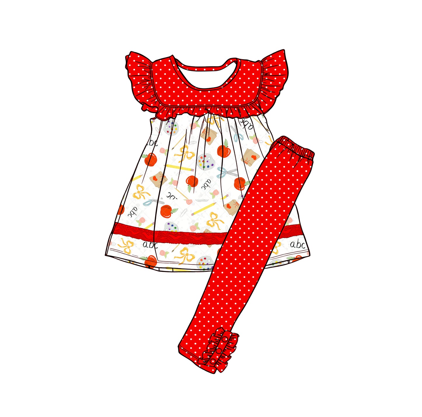 Preorder (moq 5)Baby Girls Apples Pencils Stripe Tunic Polka Dots Leggings Back to School Clothes Sets