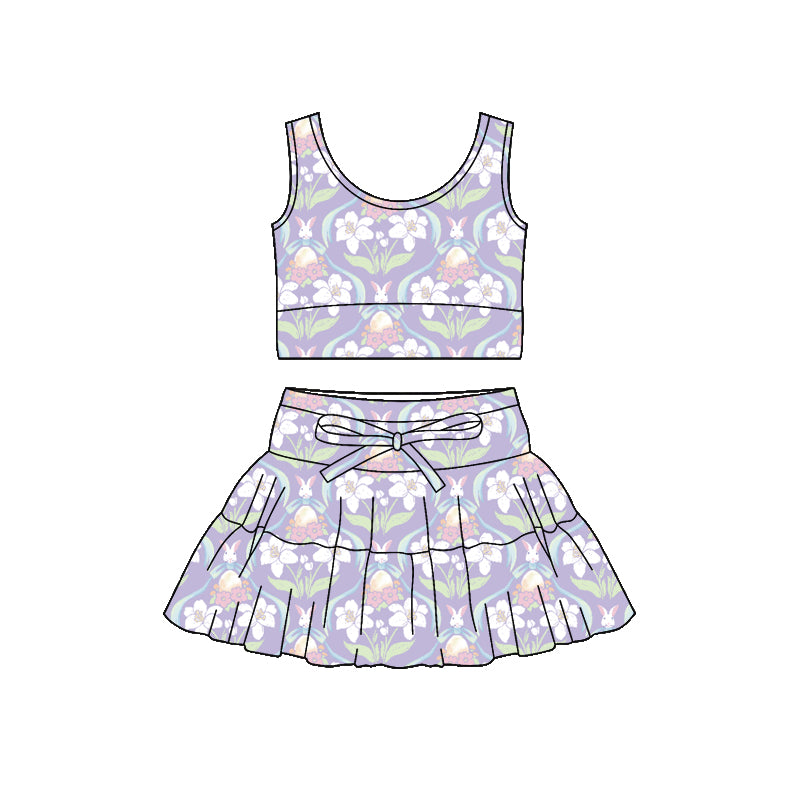Preorder (moq 5)Baby Girls Flower Rabbits Vests Ruffle Skirt Short Easter Clothes Sets