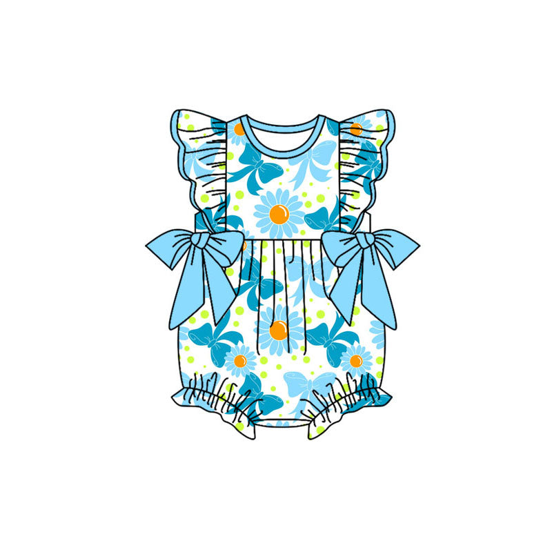 Preorder (moq 5)Baby Girls Blue Flutter Sleeve Daisy Bows Ruffle Rompers