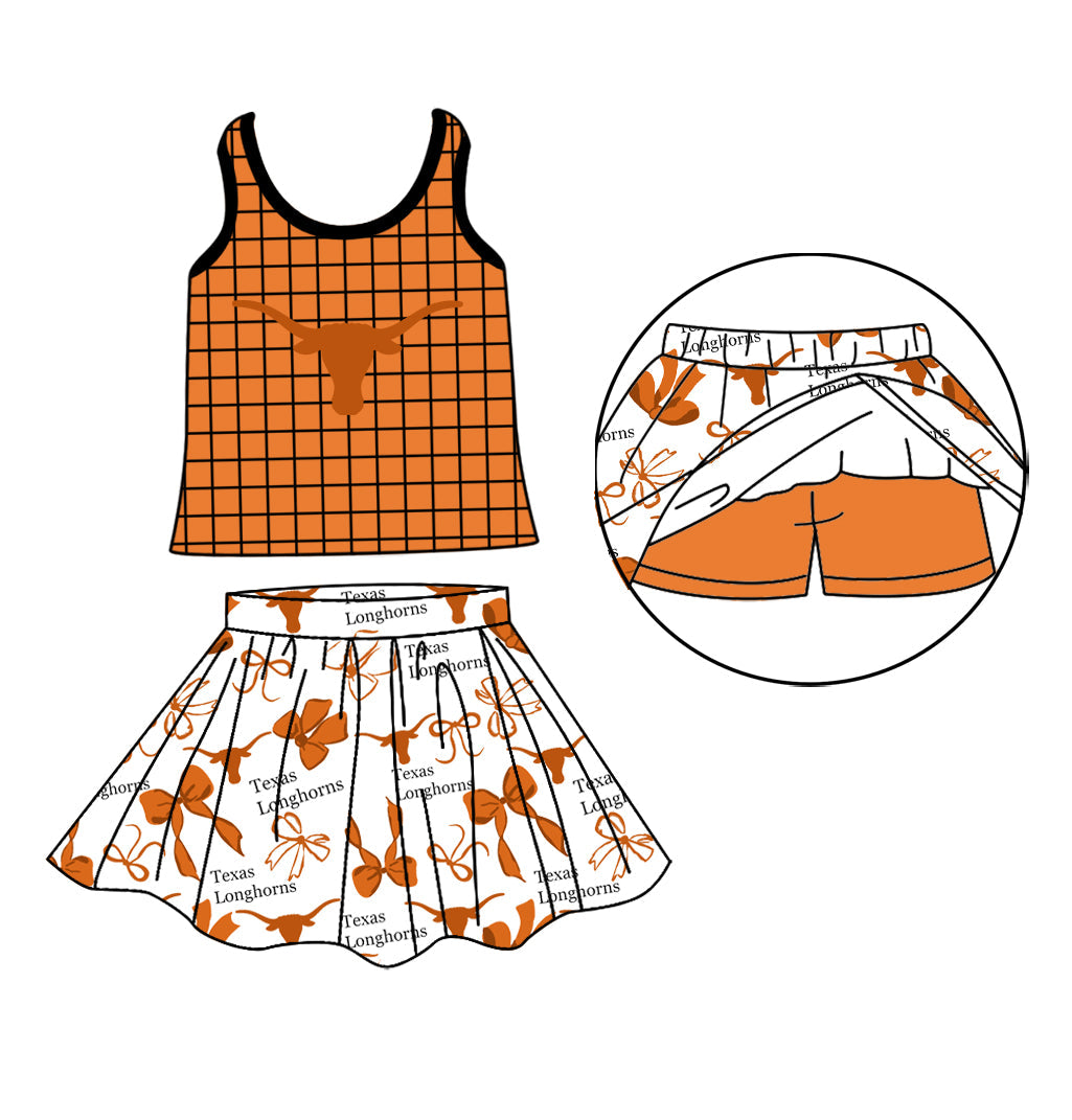 Preorder (moq 5)Baby Girls Orange Checked Texas Longhorns Top Bows Skirt Short Team Set