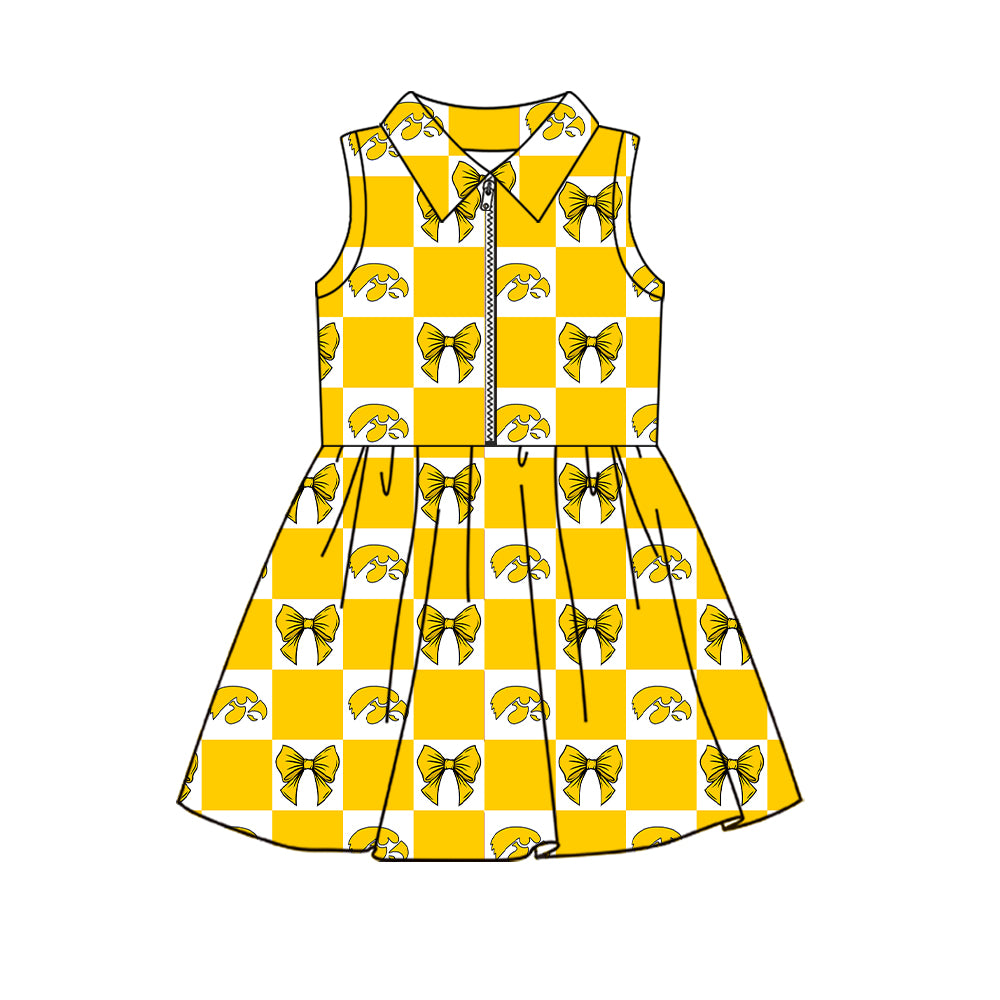 Preorder (moq 5) Baby Girls Sleeveless Bows Lowa Hawkeyes Checked Team Zip Knee Length Dress