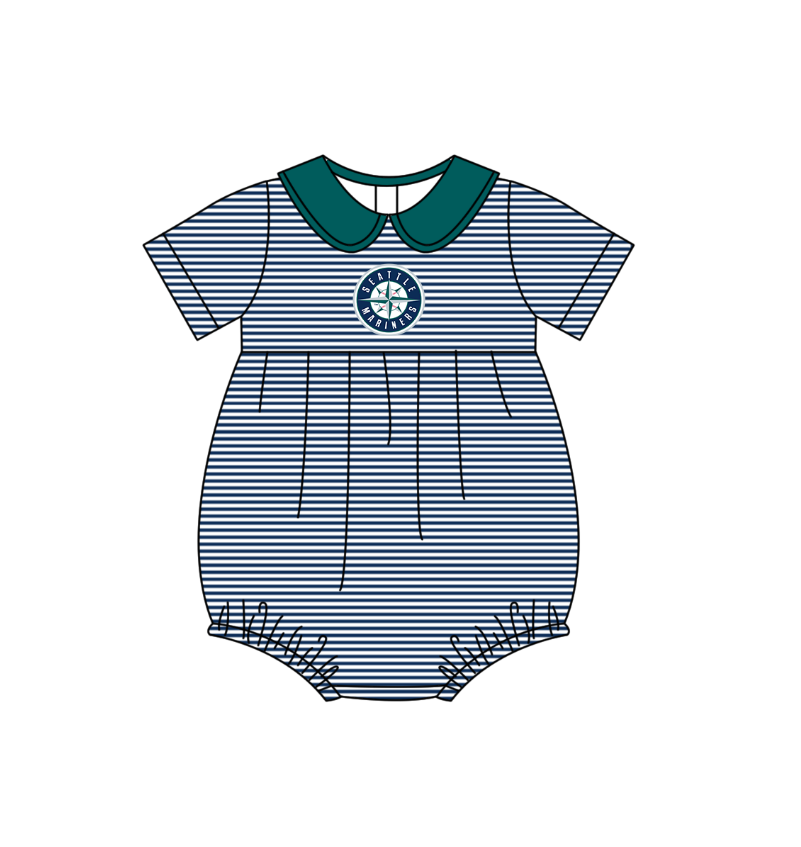 Preorder (moq 5)Baby Girls Short Sleeve Seattle Mariners Stripe Team Ruffle Rompers