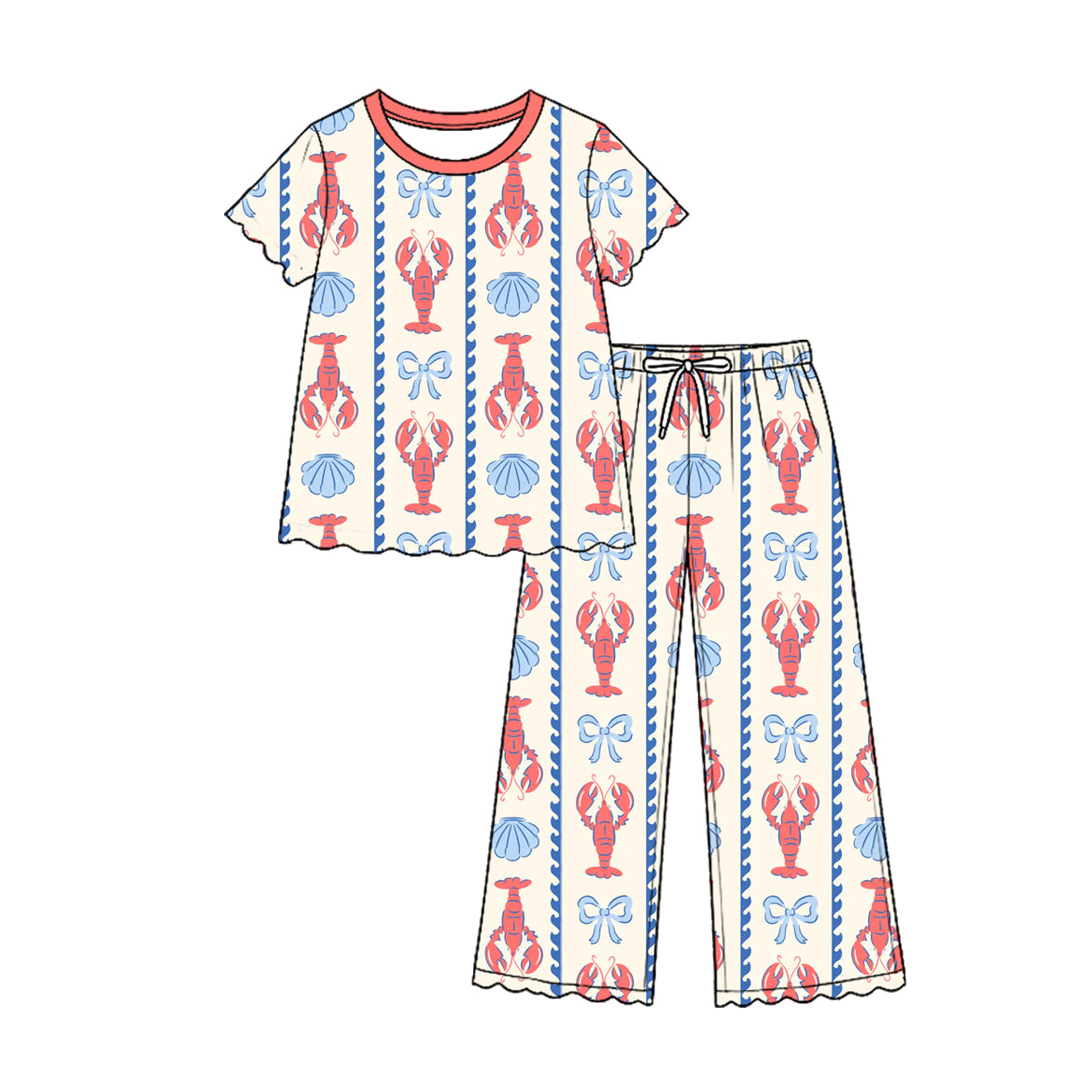 Preorder (moq 5) Baby Girl Clothes Crawfish Shell Bow Stripe Print Short Sleeve Scallop Top Wide Leg Pant Set