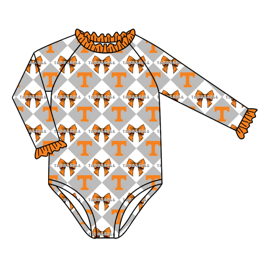 Preorder (moq 5)Baby Girls Long Sleeve Team Bows Checked One Piece Swimsuits