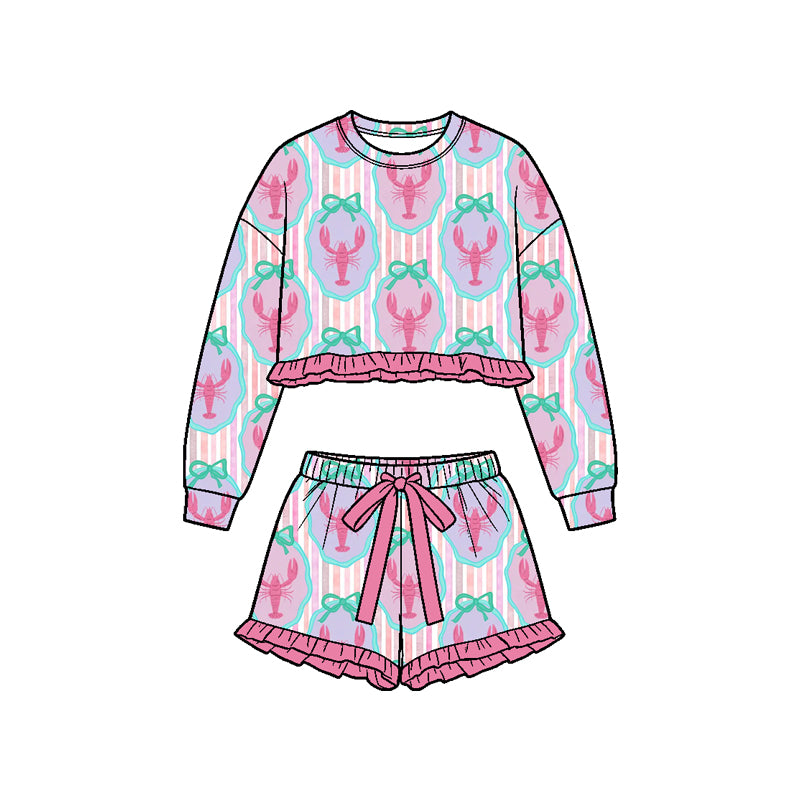 Preorder (moq 5) Baby Girl Clothes Crawfish Bow Plaque Print Long Sleeve Crop Top Ruffle Short Set