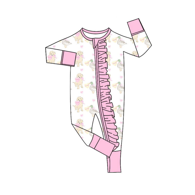 Preorder (moq 5)Baby Girls Hearts Ducks Dogs Valentine Ruffle Zipper Footie Rompers