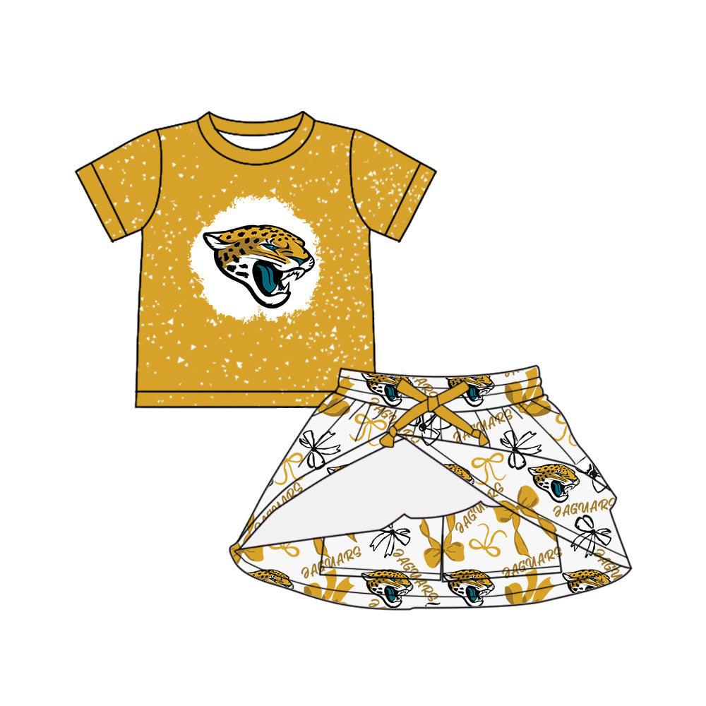 Preorder (moq 5)Baby Girls Yellow Short Sleeves Eaguars Top Bows Plaid Skorts Team Set