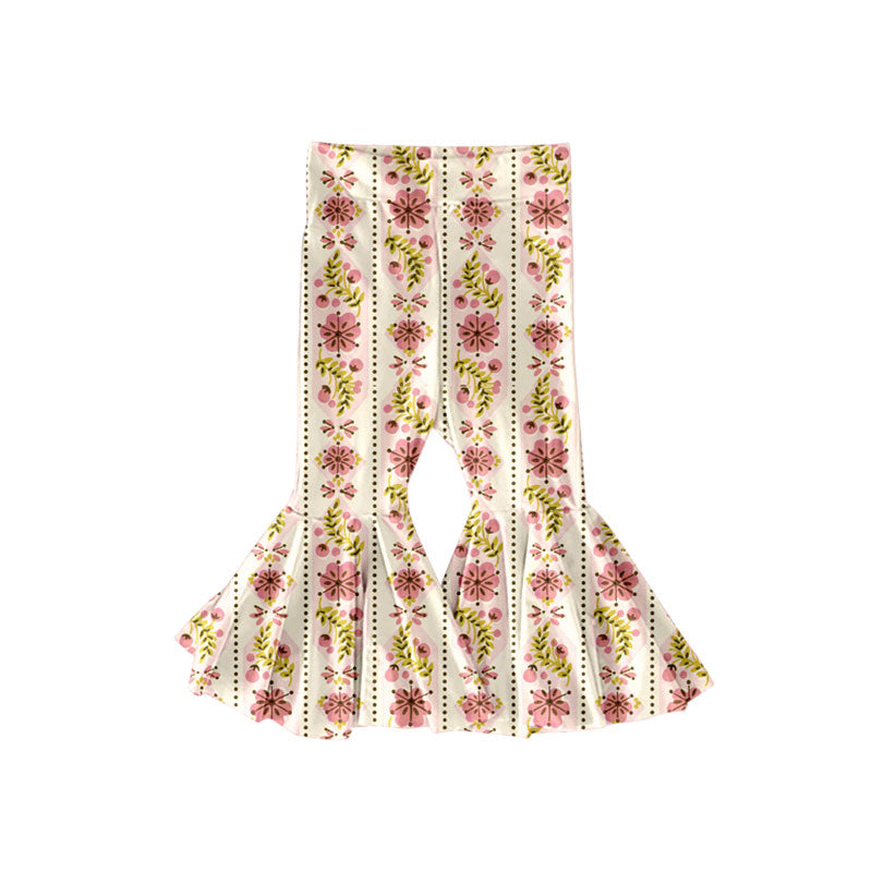 Preorder (moq 5)Baby Girls Pink Flowers Stripe Bell Bottom Pants