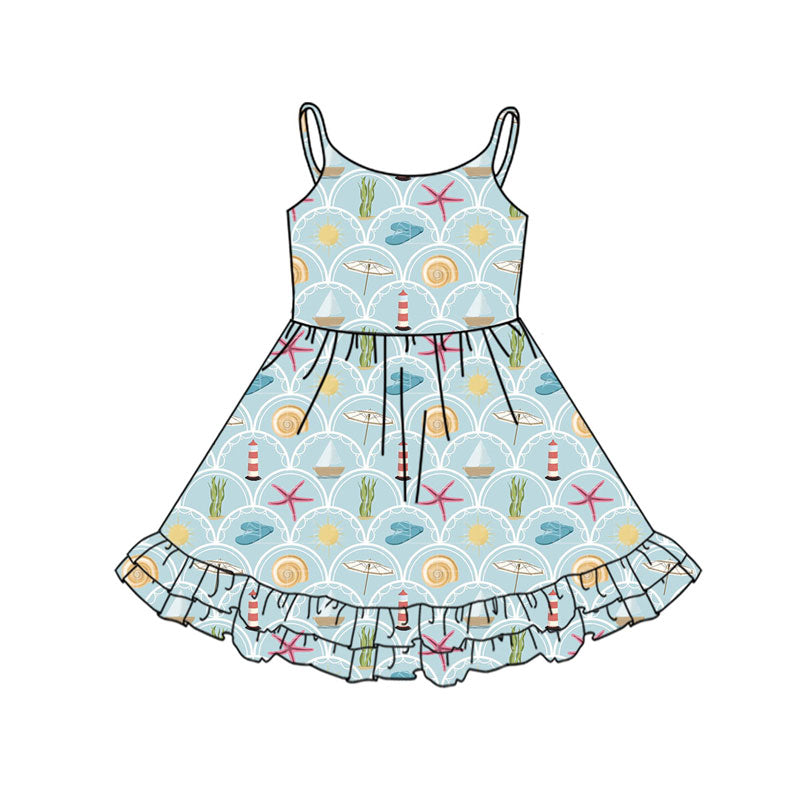 Preorder(moq 5) Baby Girls Strap Sea World Checked Ruffle Knee Length Dresses