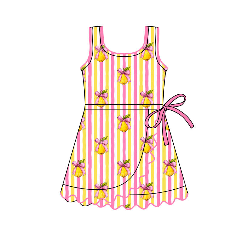 Preorder(moq 5) Baby Girls Pink Yellow Stripe Bows Lemons Ruffle Knee Length Dresses