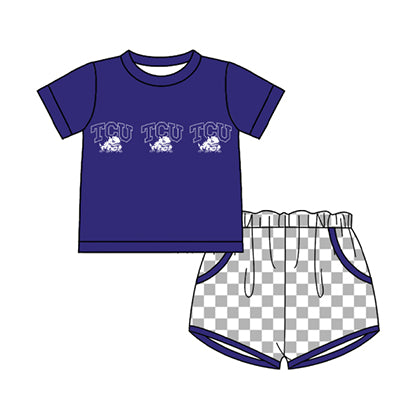 Preorder moq 5 Baby Boys Purple TCU Frogs Top Checked Pockets Short Team Clothes Sets