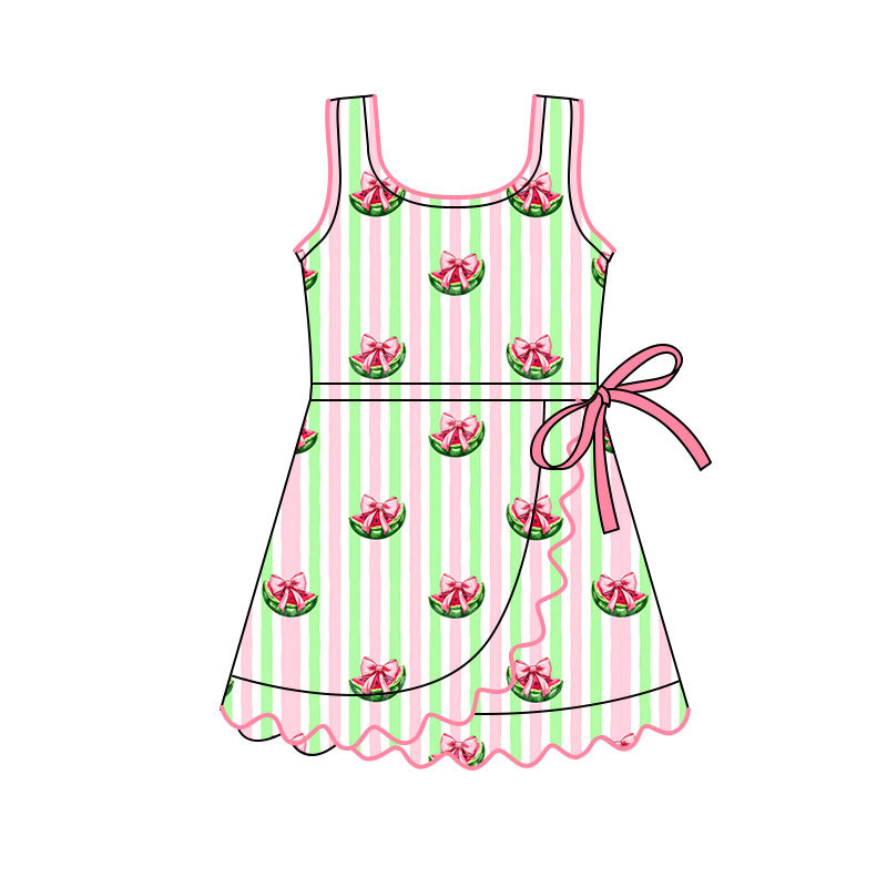 Preorder(moq 5) Baby Girls Pink Green Stripe Bows Watermelons Ruffle Knee Length Dresses