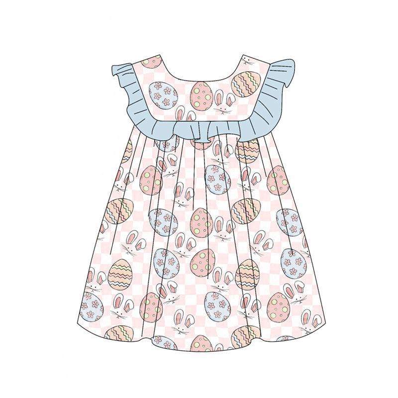 Preorder(moq 5) Baby Girls Pink Checked Eggs Rabbits Easter Knee Length Dresses