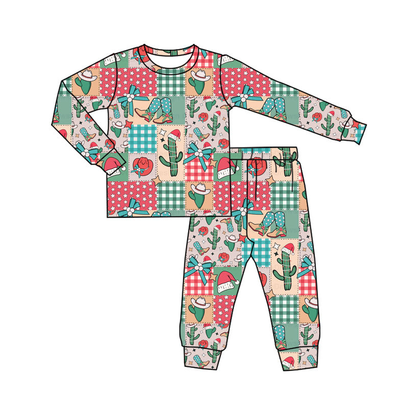 Preorder (moq 5)Baby Boys Long Sleeves Bows Boots Cactus Plaid Top Pant Pajamas Sets