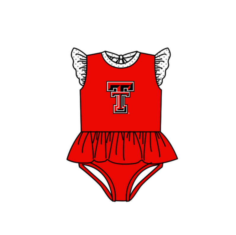 Preorder moq 5 Baby Girls Red Flutter Sleeve TT Team Swimsuits