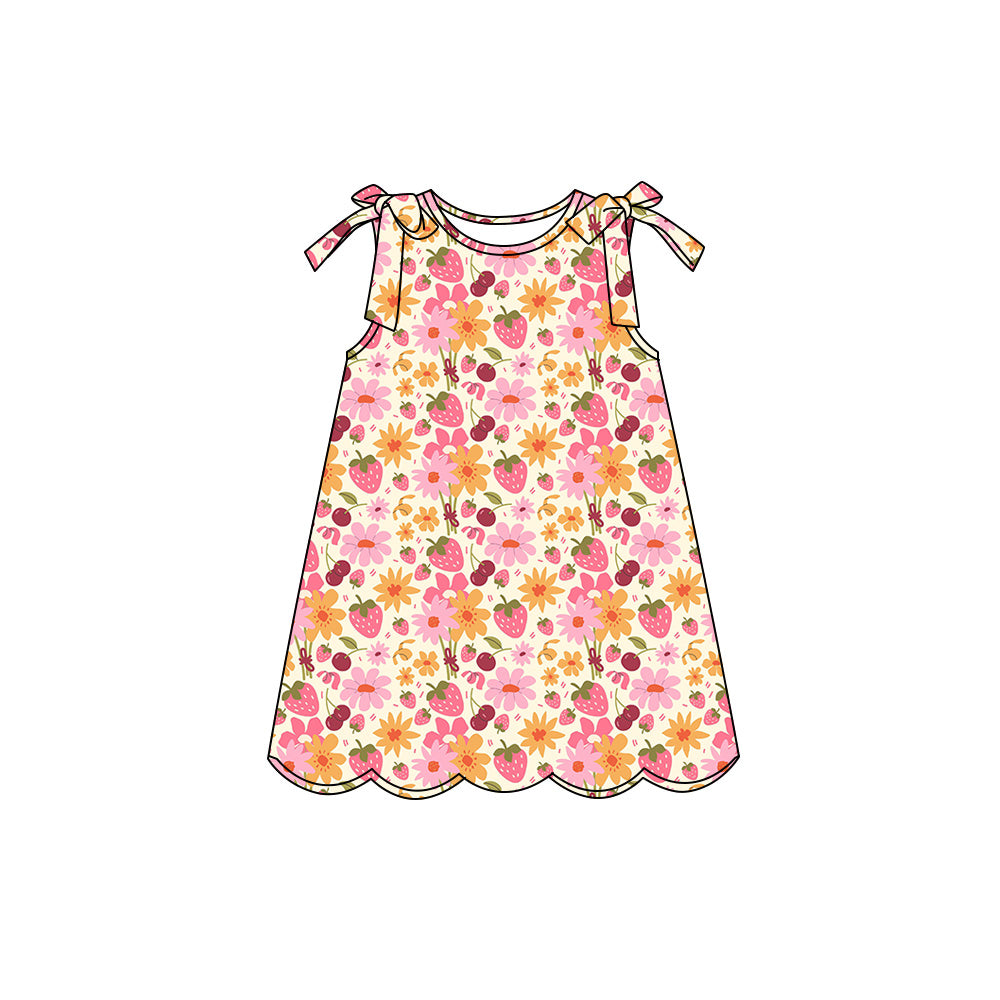 Preorder (moq 5)Baby Girls Sleeveless Strawberry Flowers Scallop Knee Length Dresses