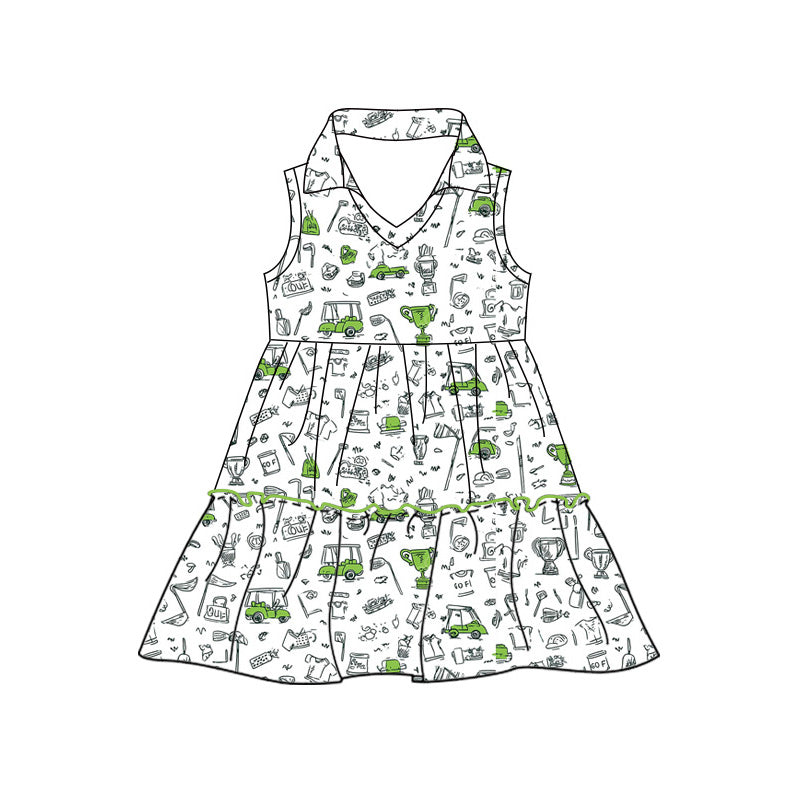 Preorder moq 5 Baby Girls Sleeveless Golf Trucks Patchwork Knee Length Dresses