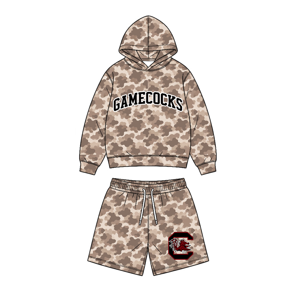 Preorder (moq 5) Baby Boy Clothes Gamecocks Mascot Logo Camo Print Long Sleeve Hoodie & Elastic Waist Short Set
