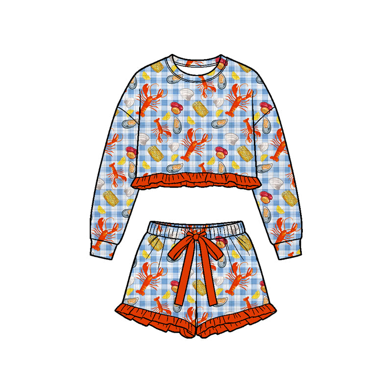Preorder (moq 5) Baby Girl Clothes Crawfish Seafood Feast Gingham Print Long Sleeve Crop Top Ruffle Short Set