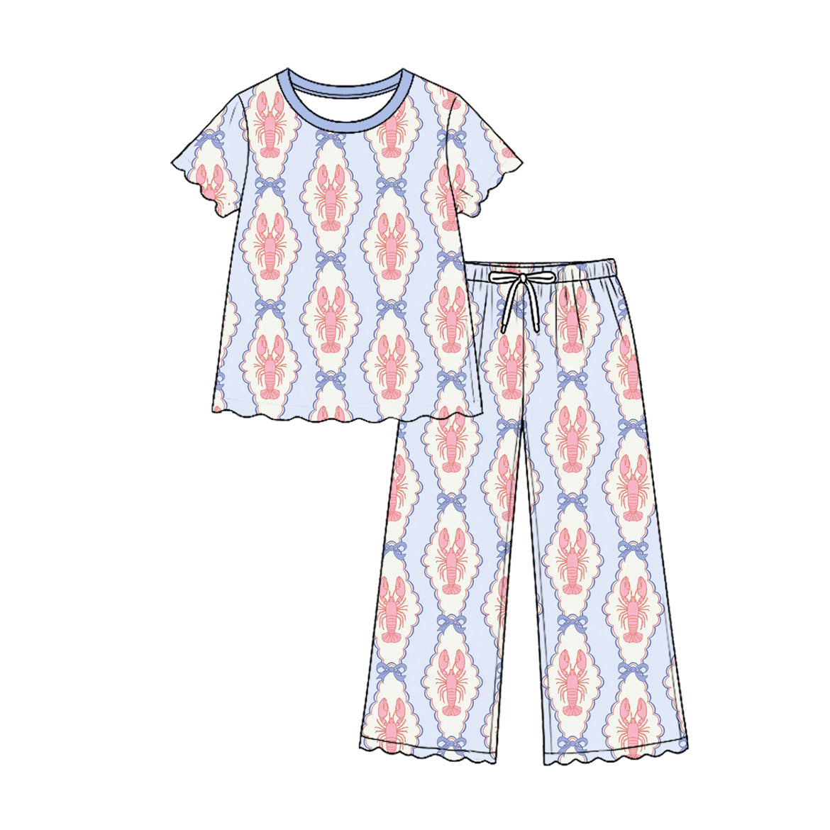 Preorder (moq 5) Baby Girl Clothes Crawfish Bow Frame Print Short Sleeve Scallop Top Wide Leg Pant Set