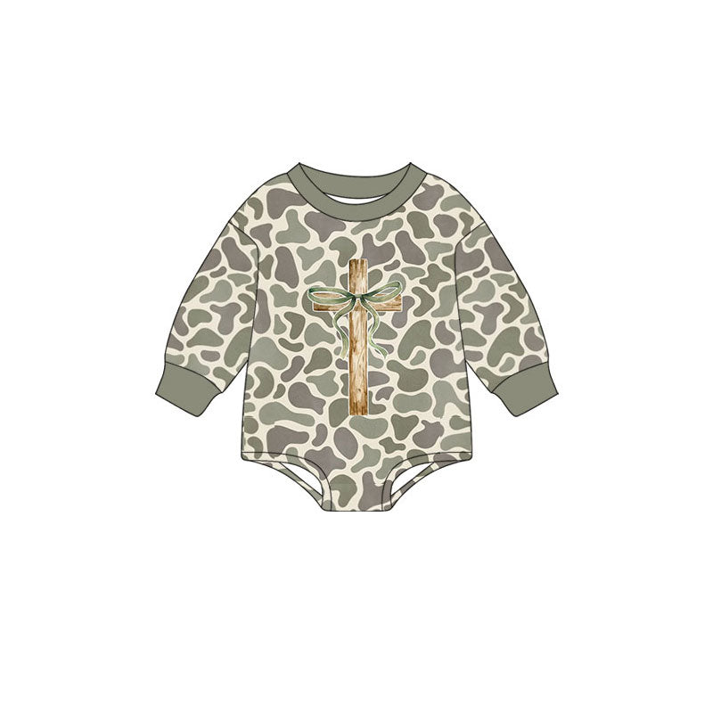 Preorder (moq 5)Baby Girls Green Camo Cross Easter Long Sleeve Rompers