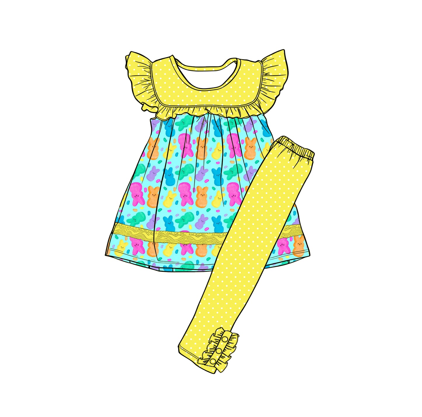 Preorder (moq 5)Baby Girls Colorful Rabbits Tunic Polka Dots Leggings Easter Clothes Sets