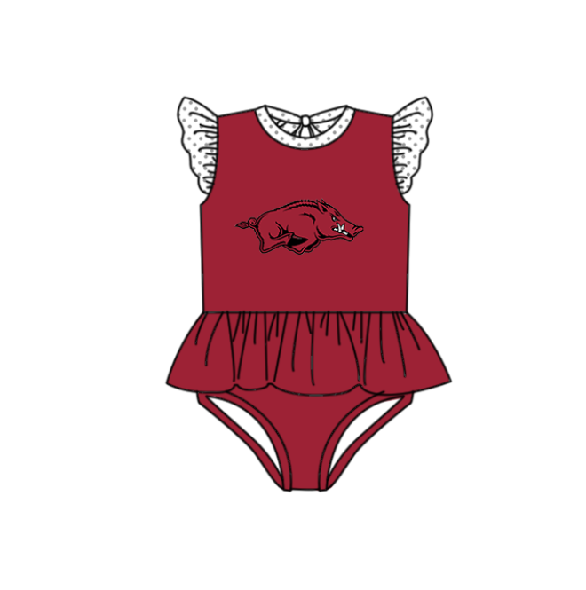 Preorder moq 5 Baby Girls Red Flutter Sleeve Red Bulls Team Swimsuits