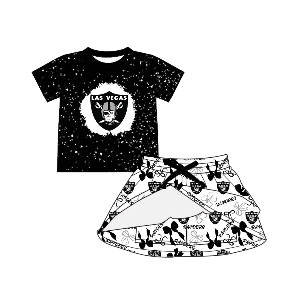 Preorder (moq 5)Baby Girls Black Short Sleeves Raiders Top Bows Plaid Skorts Team Set