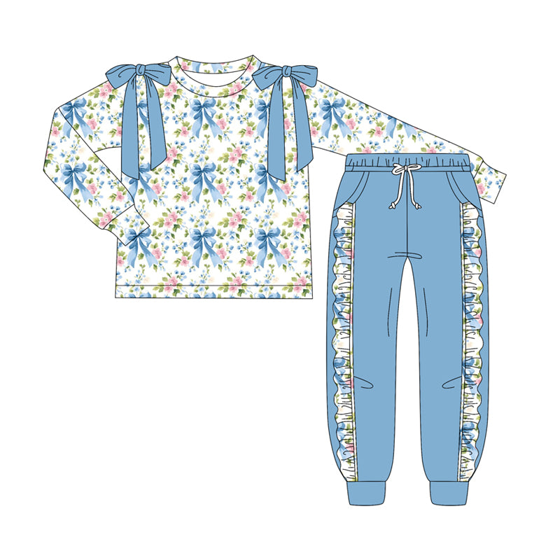 Preorder (moq 5)Baby Girls Long Sleeves Blue Bows Floral Top Pockets Pant Clothes Set