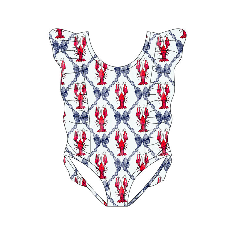 Preorder(moq 5) Baby Girls Bows Crayfishes Checked Ruffle Swimsuits