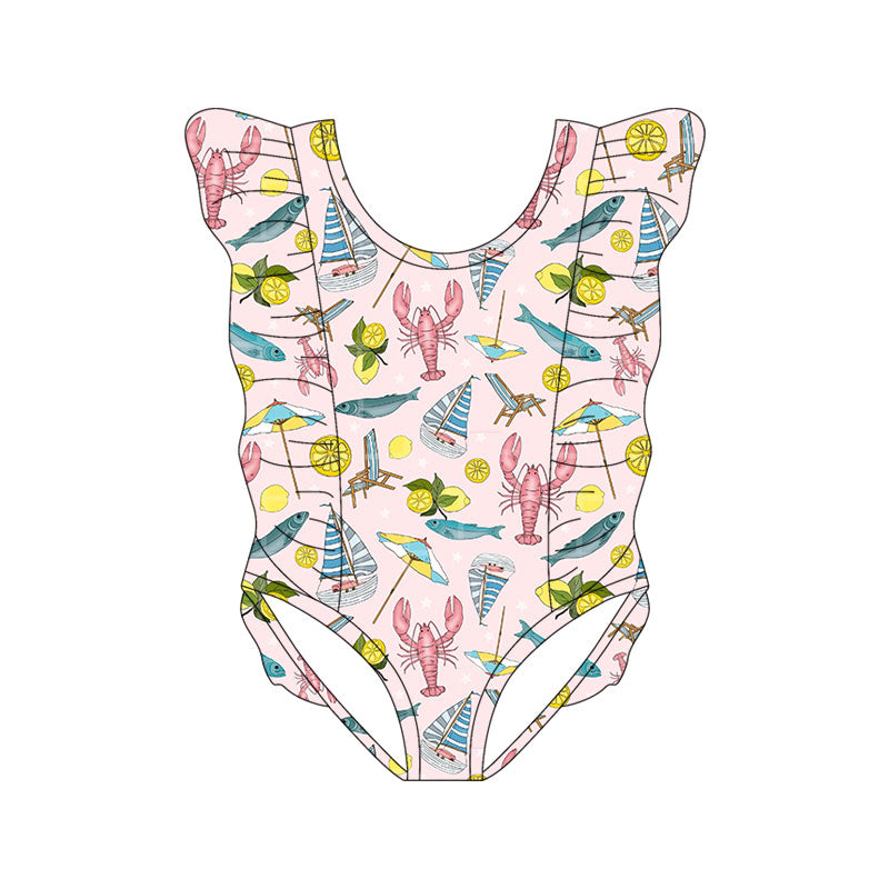 Preorder(moq 5) Baby Girls Crayfishes Fishes Boats Ruffle Swimsuits