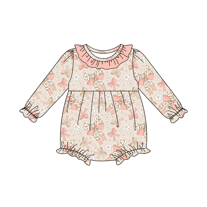 Preorder(moq 5)Baby Infant Girls Peach Camo Bows Flowers Plaid Ruffle Rompers