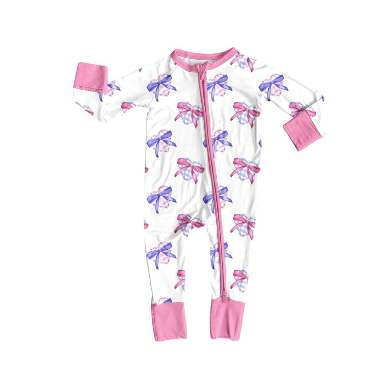 Preorder (moq 5)Baby Girls Checked Hearts Bows Valentine Zipper Footie Rompers