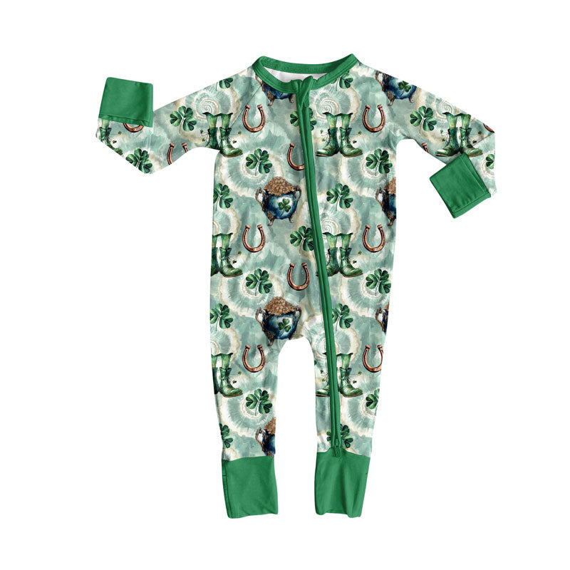 Preorder (moq 5)Baby Girls Clovers Boots St Patrick Western Zipper Footie Rompers