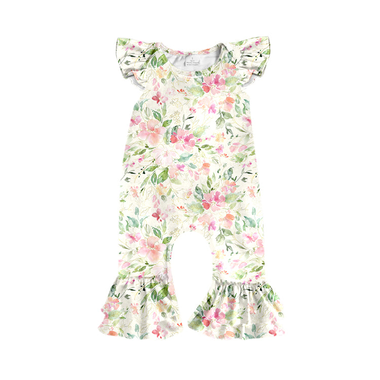 Preorder (moq 5)Baby Girls Flutter Sleeve Colorful Flowers Ruffle Footie Rompers