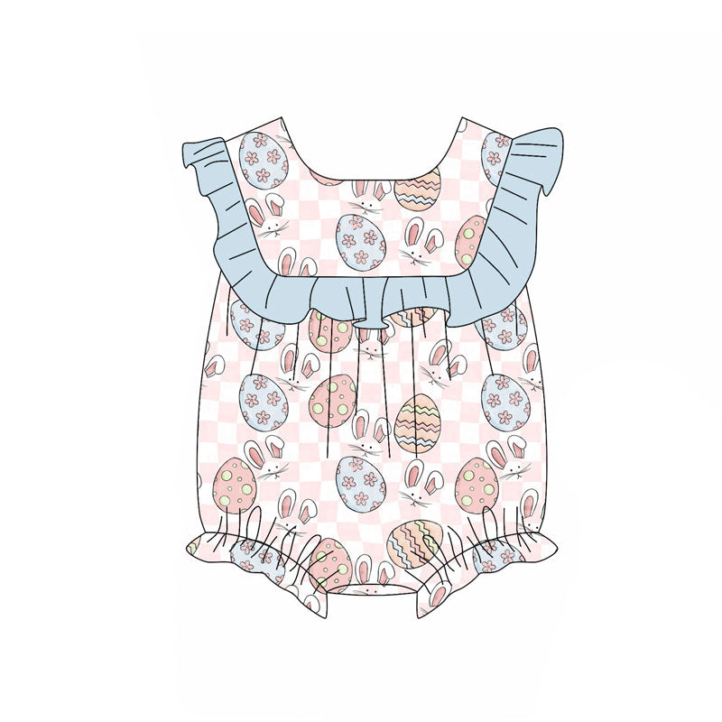 Preorder (moq 5)Baby Girls Pink Checked Rabbits Eggs Easter Ruffle Rompers