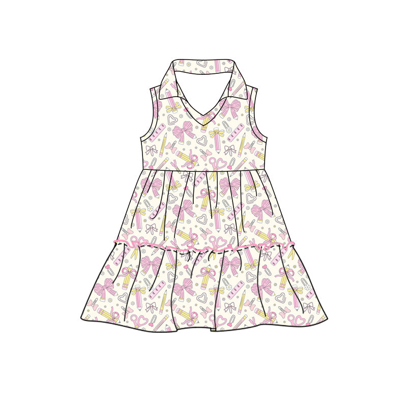 Preorder moq 5 Baby Girls Pencil Bows Back to School Patchwork Knee Length Dresses