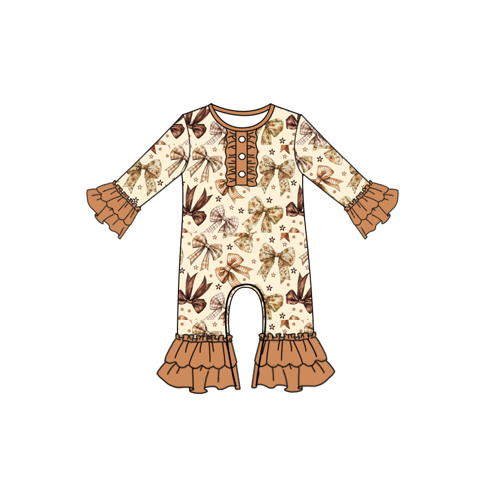 Preorder moq 5 Baby Girls Long Ruffle Sleeves Khaki Bows Plaid Button Pant Rompers