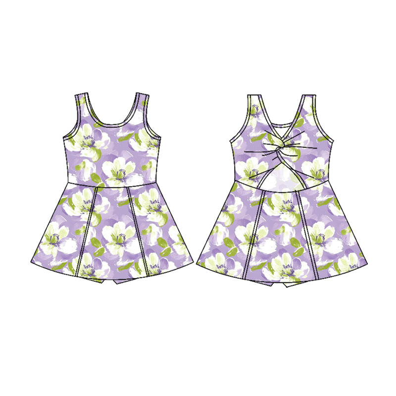Preorder (moq 5)Baby Girls Sleeveless Lavender Flowers Shorts Yoga Knee Length Dresses