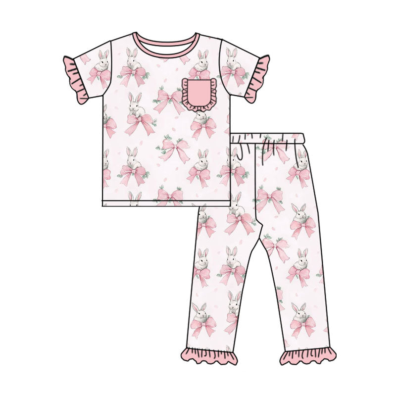 Preorder (moq 5)Baby Girls Pink Bows Rabbits Top Ruffle Pants Easter Pajamas Sets