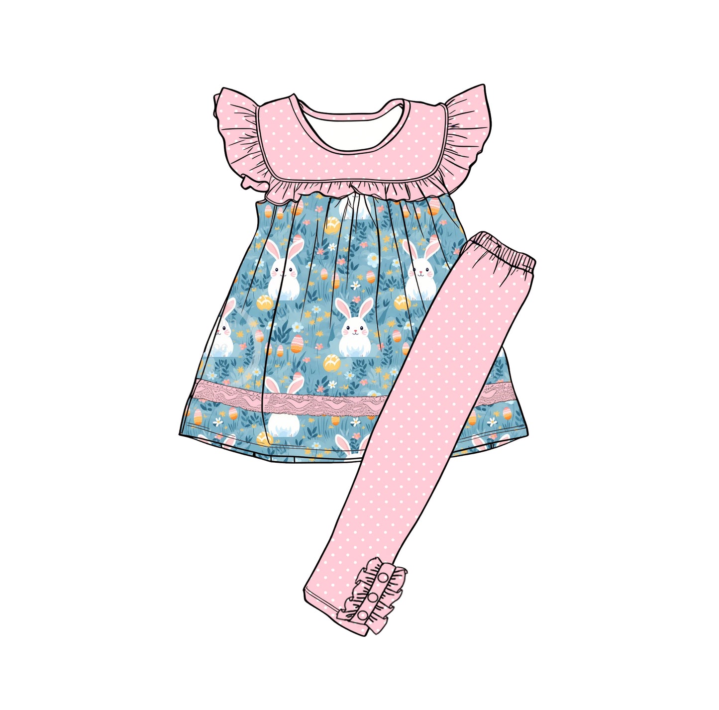 Preorder (moq 5)Baby Girls Flowers Rabbits Tunic Polka Dots Leggings Easter Clothes Sets