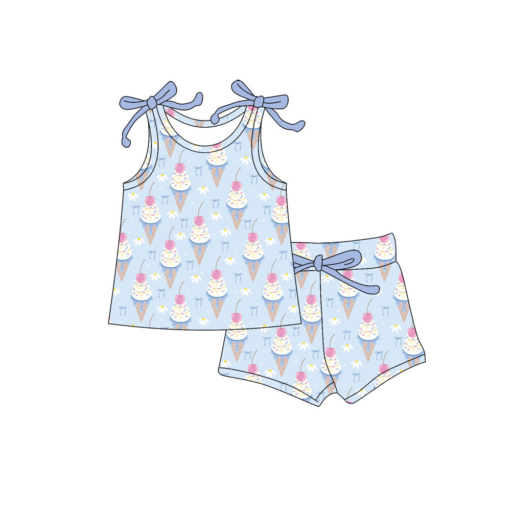 Preorder (moq 5)Baby Girls Bows Sleeveless Ice Creams Top Short Clothes Sets