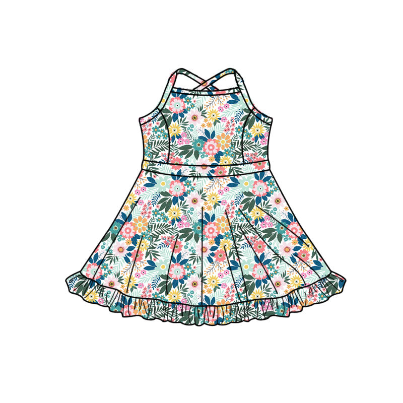 Preorder (moq 5)Baby Girls Strap Colorful Flowers Ruffle Shorts Knee Length Dresses