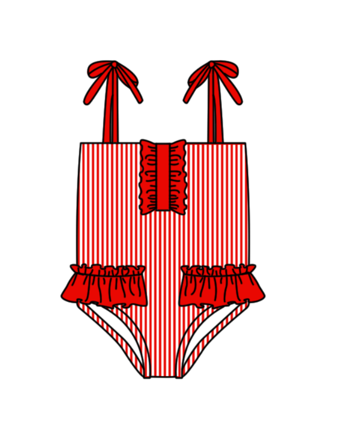 Preorder moq 5 Baby Girls Strap Red Stripe Team Swimsuits