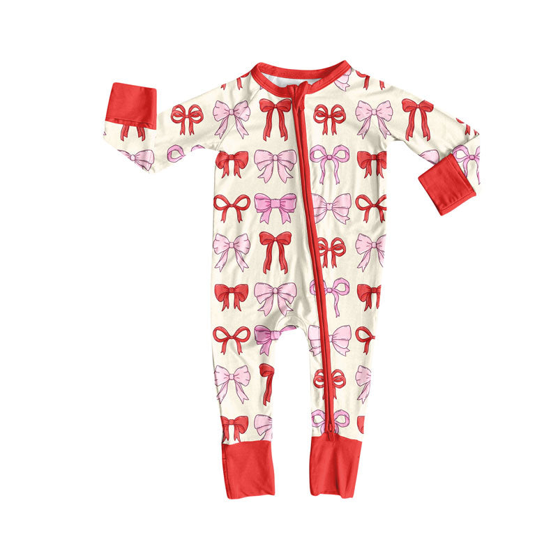 Preorder(moq 8)Baby Girls Pink Red Bows Plaid Valentine Zipper Footie Rompers