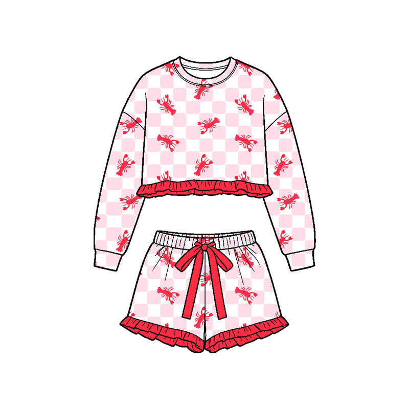 Preorder (moq 5) Baby Girl Clothes Crawfish Checkerboard Print Long Sleeve Crop Top Ruffle Short Set